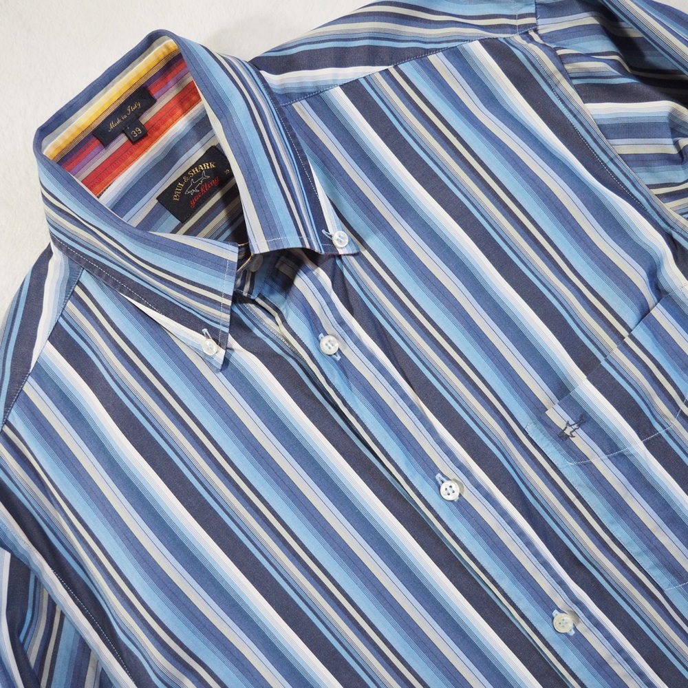 Paul & Shark Yatching Sz 39 Blue Multi-Stripe Button-Down Shirt 100% Cotton